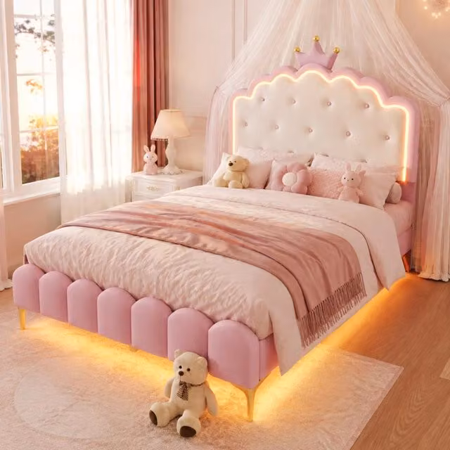 Letto principessa rosa 140x200 cm in PU con rete e LED controllabili via app