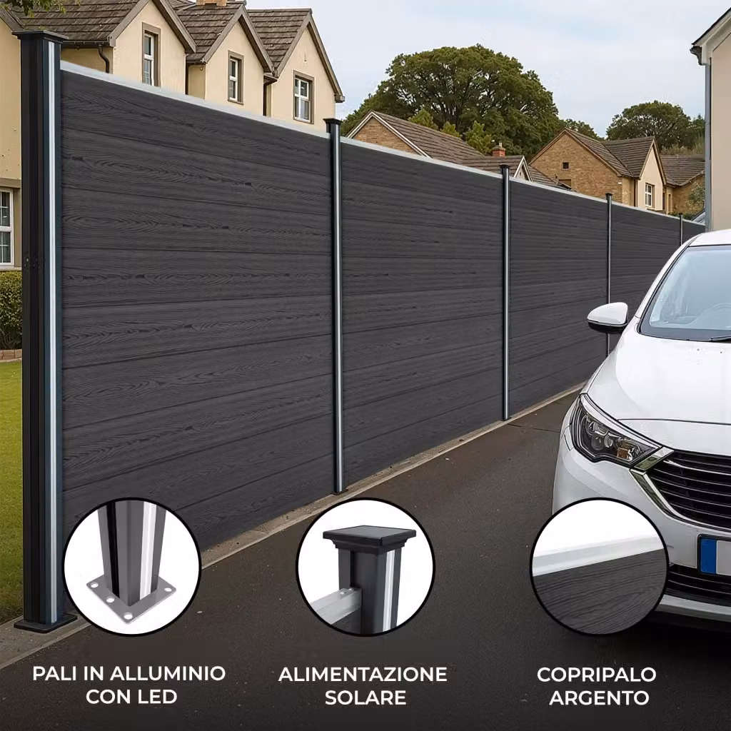 Set di 5 Pannelli per Recinzione con 6 Pali in Alluminio e Doghe in PVC Grigio con Illuminazione LED, Altezza: 185 cm – 2
