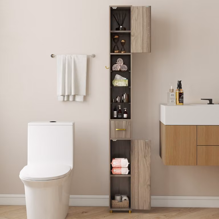 Costway Mobiletto da bagno moderno Grigio con 2 ante e ripiani in vetro temperato, Altezza: 181 cm
