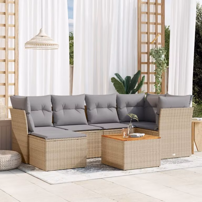 vidaXL Set Divano da Giardino a L 7 pz in Polyrattan con Cuscini Beige e Grigio