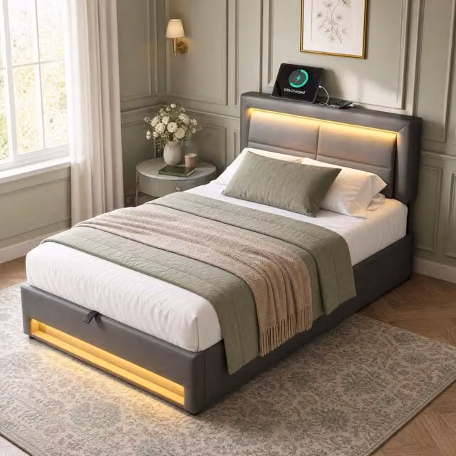 Letto imbottito 90x200 cm in PU grigio con USB; LED e contenitore