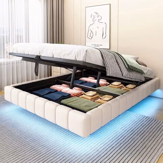 Letto imbottito 140x200 cm con contenitore idraulico; struttura sospesa e LED; beige