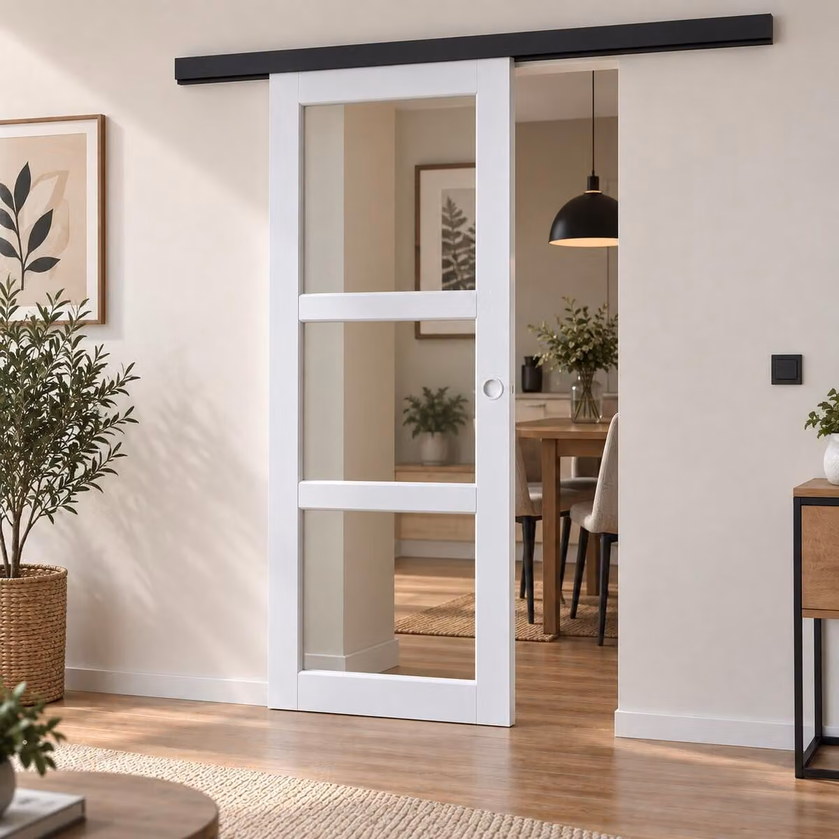Porta scorrevole Kenya bianca con vetro trasparente H204 x L83 cm, binario in alluminio nero, conchiglie bianche per GD MENUISERIES