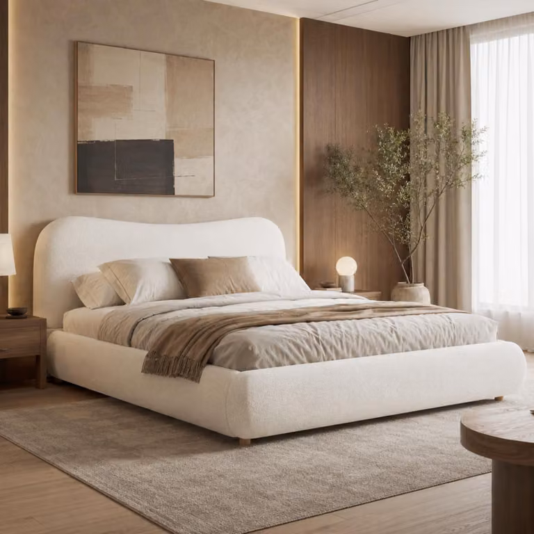 Letto imbottito okwish 180x200 con contenitore, testiera imbottita e rete a doghe, letto matrimoniale con gambe in legno massello, tessuto boucle, color beige, senza materasso