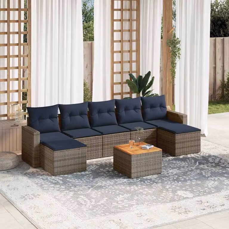 Set di divani da giardino vidaXL 8 pezzi in polyrattan e legno di acacia oliato con cuscini grigi e blu