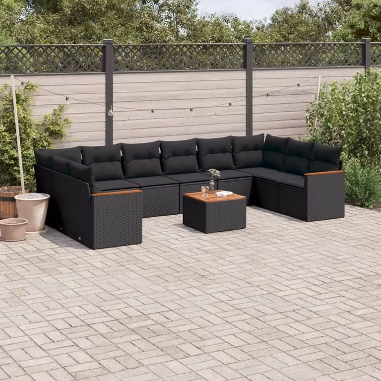 vidaXL Set Divani da Giardino 11 pz in Polyrattan Nero con Cuscini e Tavolino da Esterno