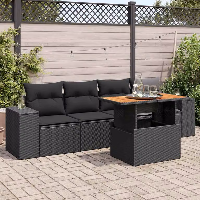 Set Divani da Giardino vidaXL 5 pz in Polyrattan e Legno di Acacia Oliato, Colore Nero