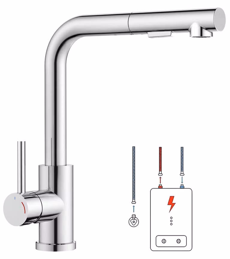 Miscelatore da cucina a bassa pressione, a forma di L, con doccetta estraibile, 2 getti, cromato