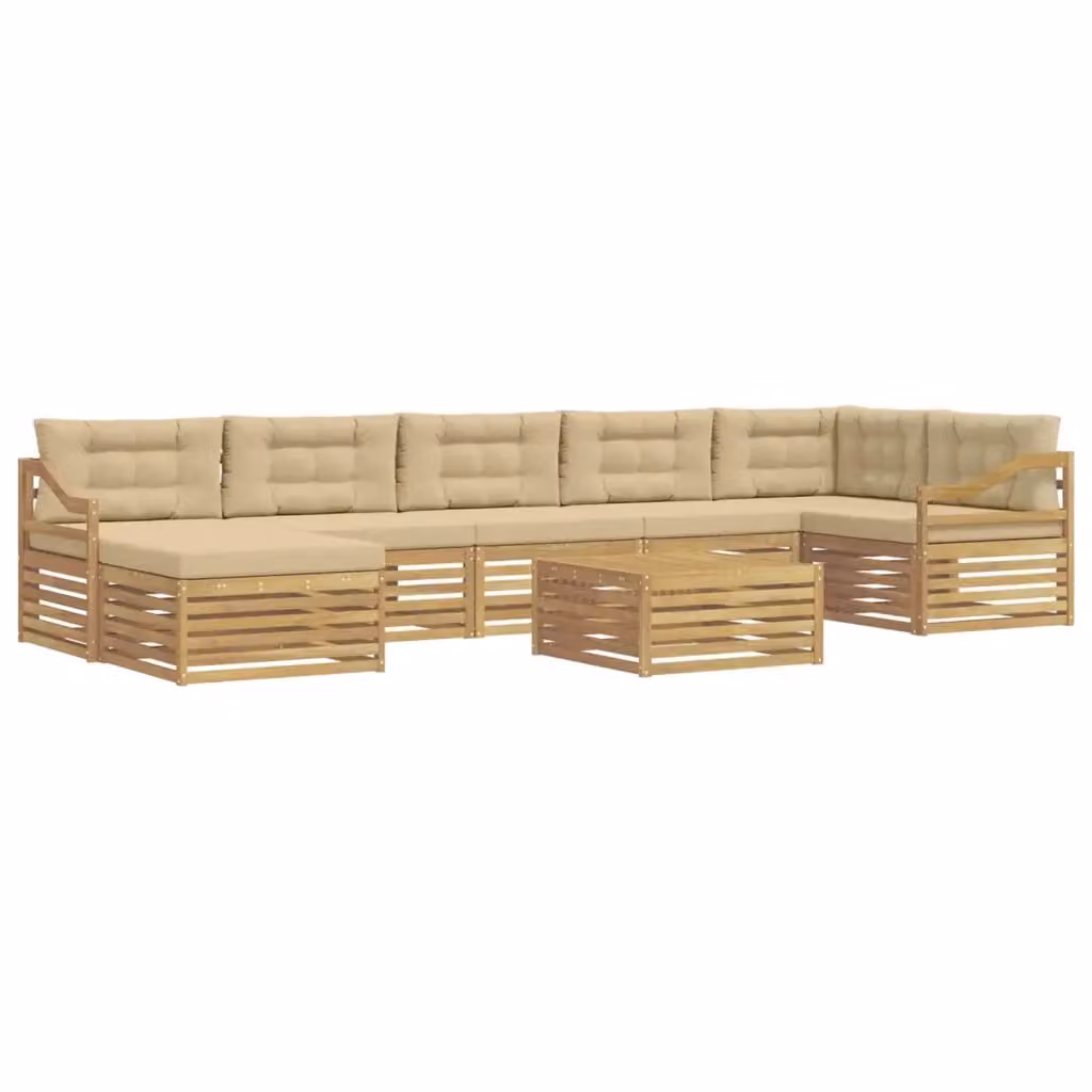 Set di divani da esterno vidaXL a forma di L in legno di acacia con tavolino e pouf, Bianco e Beige – 2