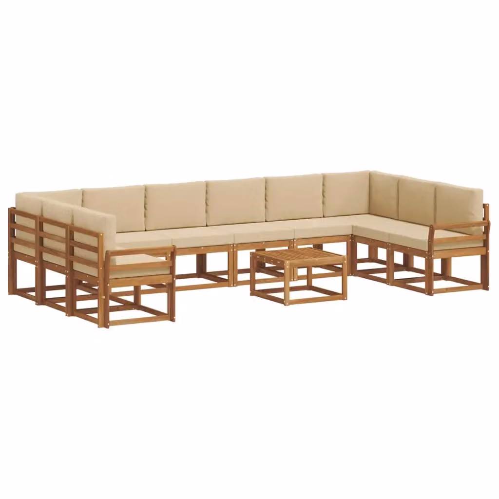 Set di divani da esterno vidaXL a forma di L in legno di acacia con cuscini, 11 pezzi, Beige e Marrone – 2