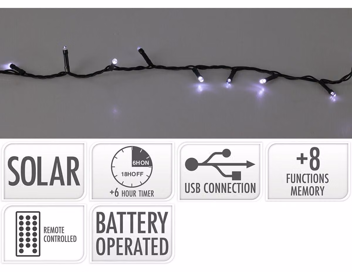 Luci solari a LED 240 USB ricaricabili bianco freddo timer telecomando