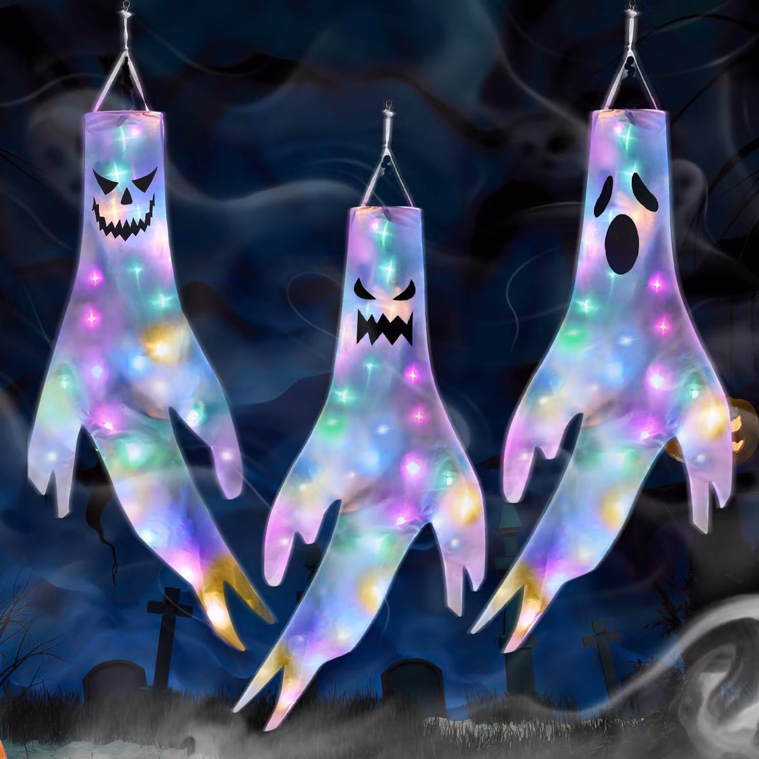 Set di 3 decorazioni per Halloween a forma di fantasma con luci LED, da appendere