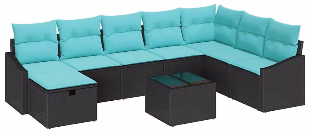 Set Divano da Giardino con cuscino 9 pcs Nero Poly Rattan