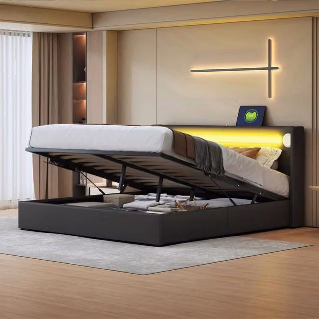 Letto a cassone imbottito - Xylo - 160x200 cm - Nero - Barra LED, Bluetooth, ricarica USB