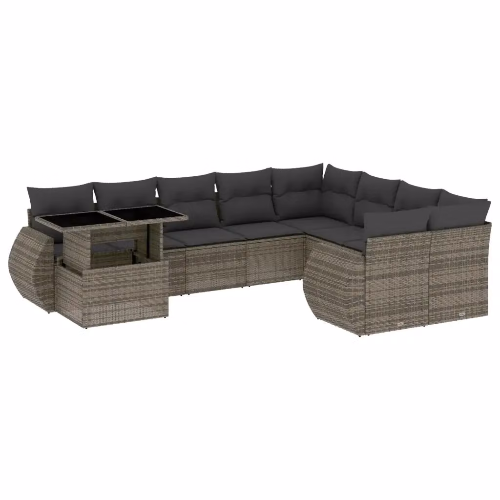 Set Divano da Giardino vidaXL 10 Pezzi a Forma di L in Polyrattan Grigio con Cuscini e Tavolino – 2