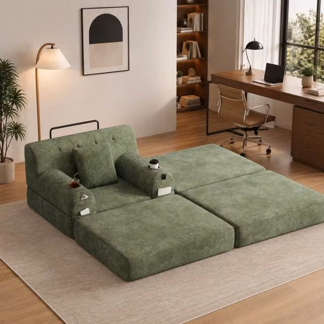 Poltrona letto 107x162 cm verde in velluto a coste con 2 portabevande