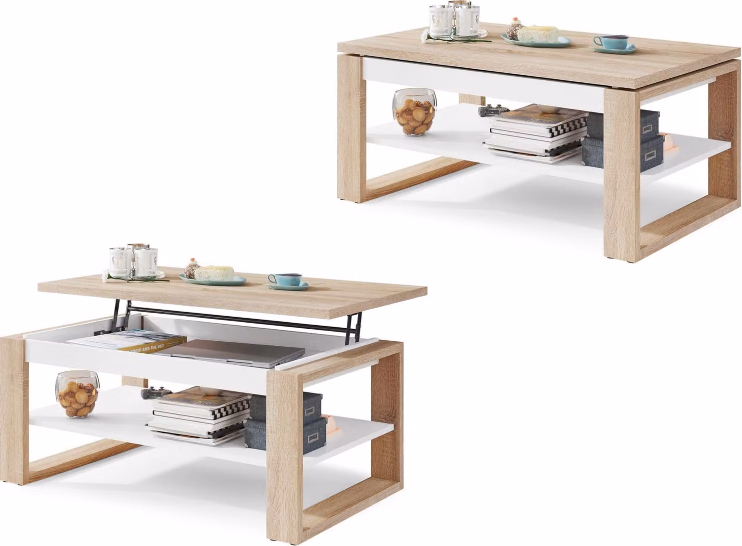 Tavolino All4All Nico, tavolino da caffè, tavolino da salotto, tavolino per laptop, tavolino da divano, allungabile, ribaltabile, 100x60 cm, 05, rovere Sonoma + bianco