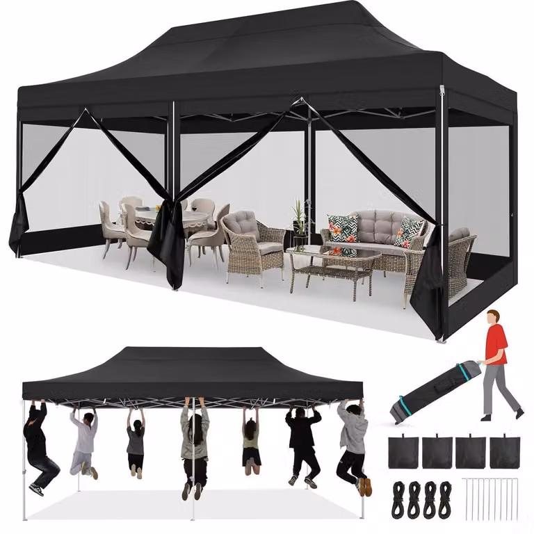 Tenda da esterno 3x6 metri, impermeabile, stabile, con 6 pareti laterali, realizzata in tessuto Oxford 420D, colore nero