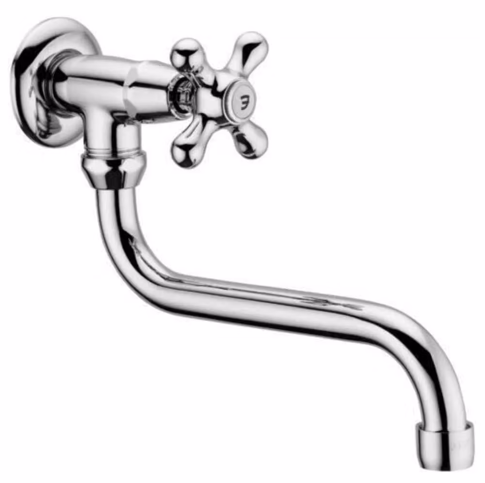 Rubinetto per acqua fredda da parete, modello Quattro, finitura cromata, diametro 12,5 cm, con un'unica leva