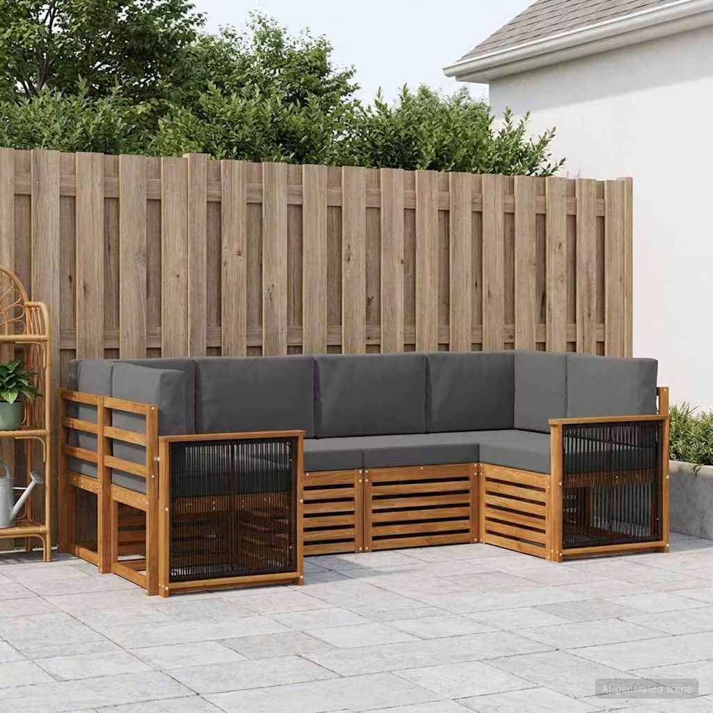 Set di divani da esterno vidaXL a forma di L composto da 6 pezzi in legno di acacia con cuscini in tessuto beige e antracite per giardino e terrazza