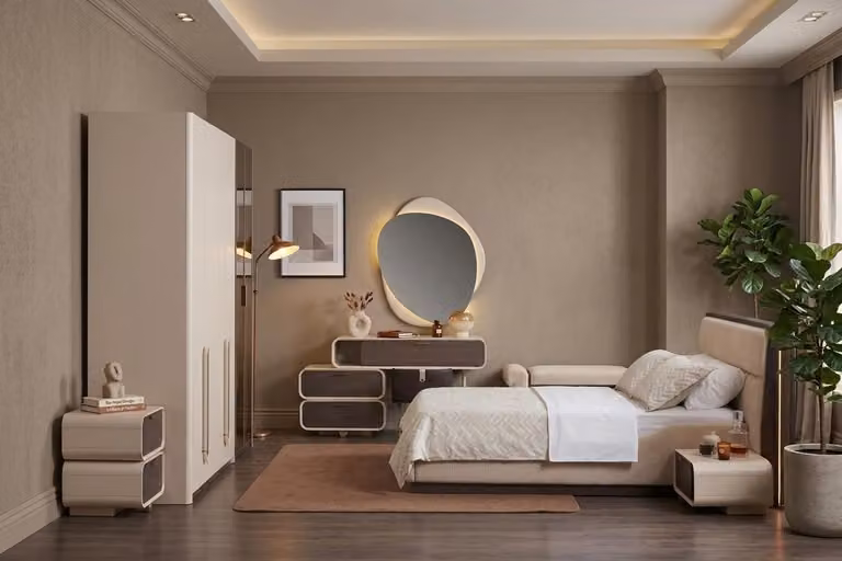 Set per camera da letto: letto, armadio, angolo trucco, design moderno