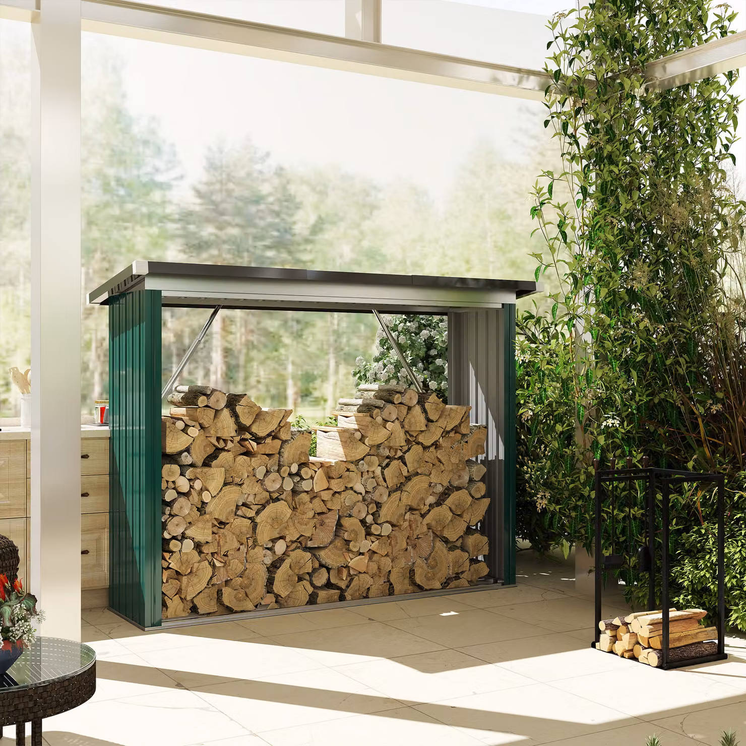 Casetta per legna Outsunny in acciaio zincato con base sollevata e tetto inclinato, Verde, L 213 cm x P 66,5 cm x H 150 cm – 2