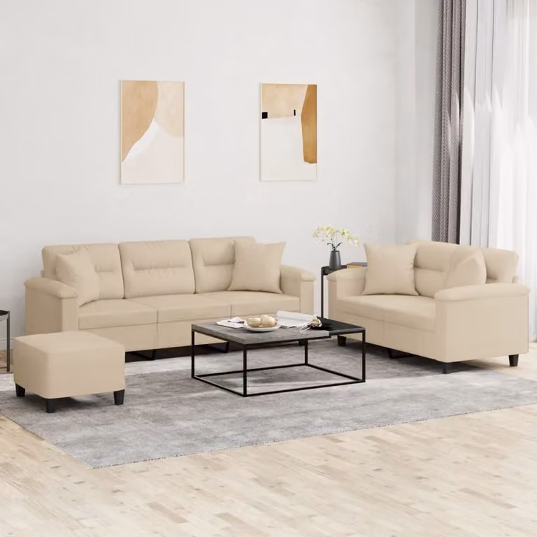 Set di Divani vidaXL 3 Pezzi con Pouf e Cuscini in Microfibra Beige Moderno
