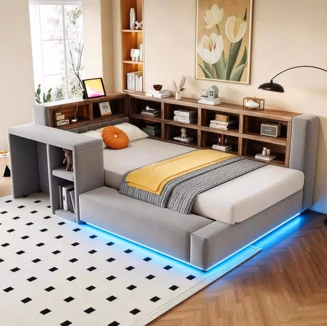Letto imbottito 90 x 200 cm con vani aperti; LED; prese integrate e panca laterale; grigio scuro