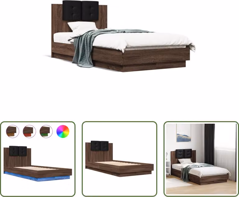 The Living Store Struttura letto con testiera e luci LED in rovere marrone 75x190 cm