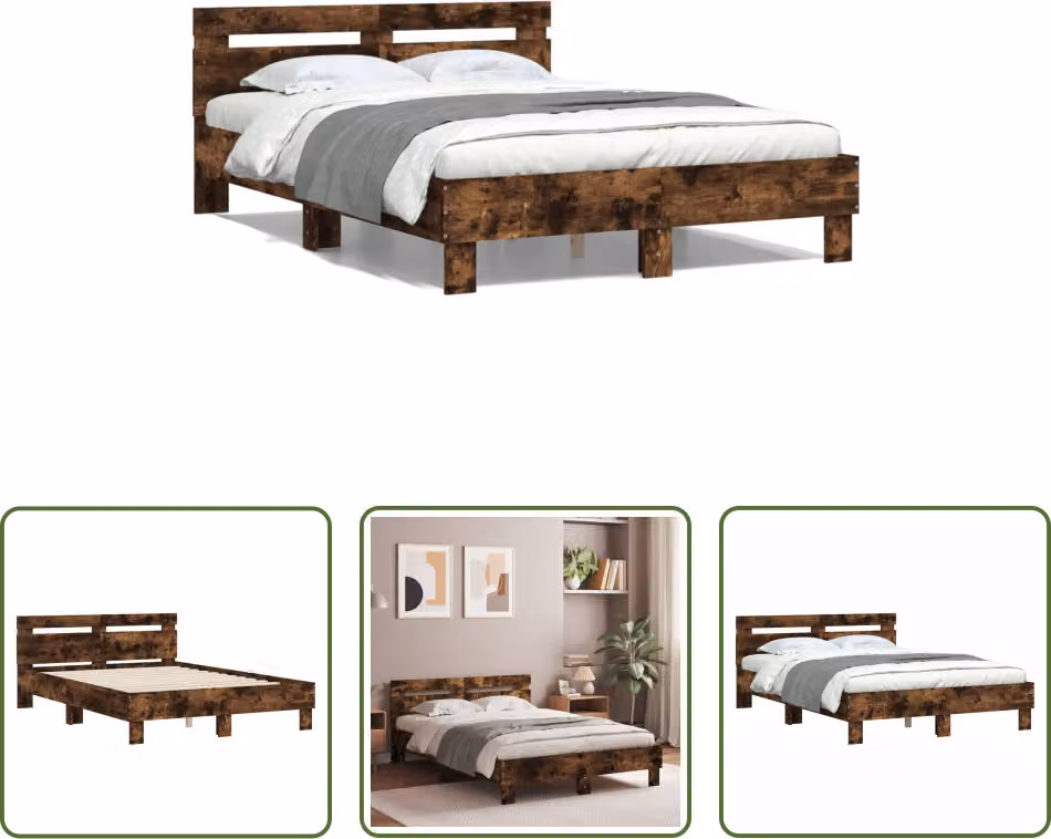 The Living Store Giroletto con testiera in rovere fumé 120x200 cm Materiale a base di legno