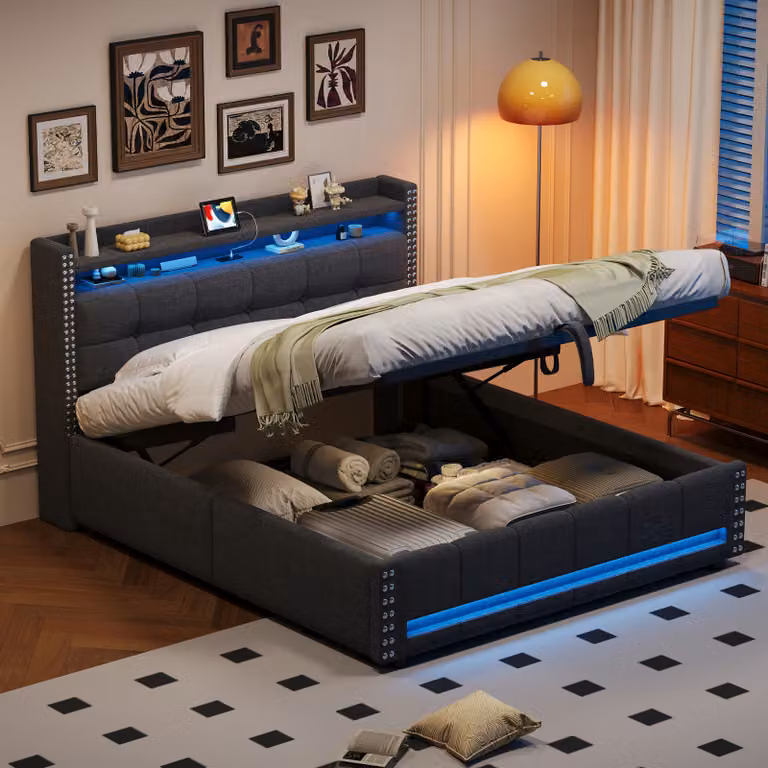 Letto imbottito Flieks 160x200cm con funzione di ricarica (USB e presa di corrente), letto a molle insacchettate con contenitore, letto per ragazzi letto matrimoniale con LED, biancheria, grigio