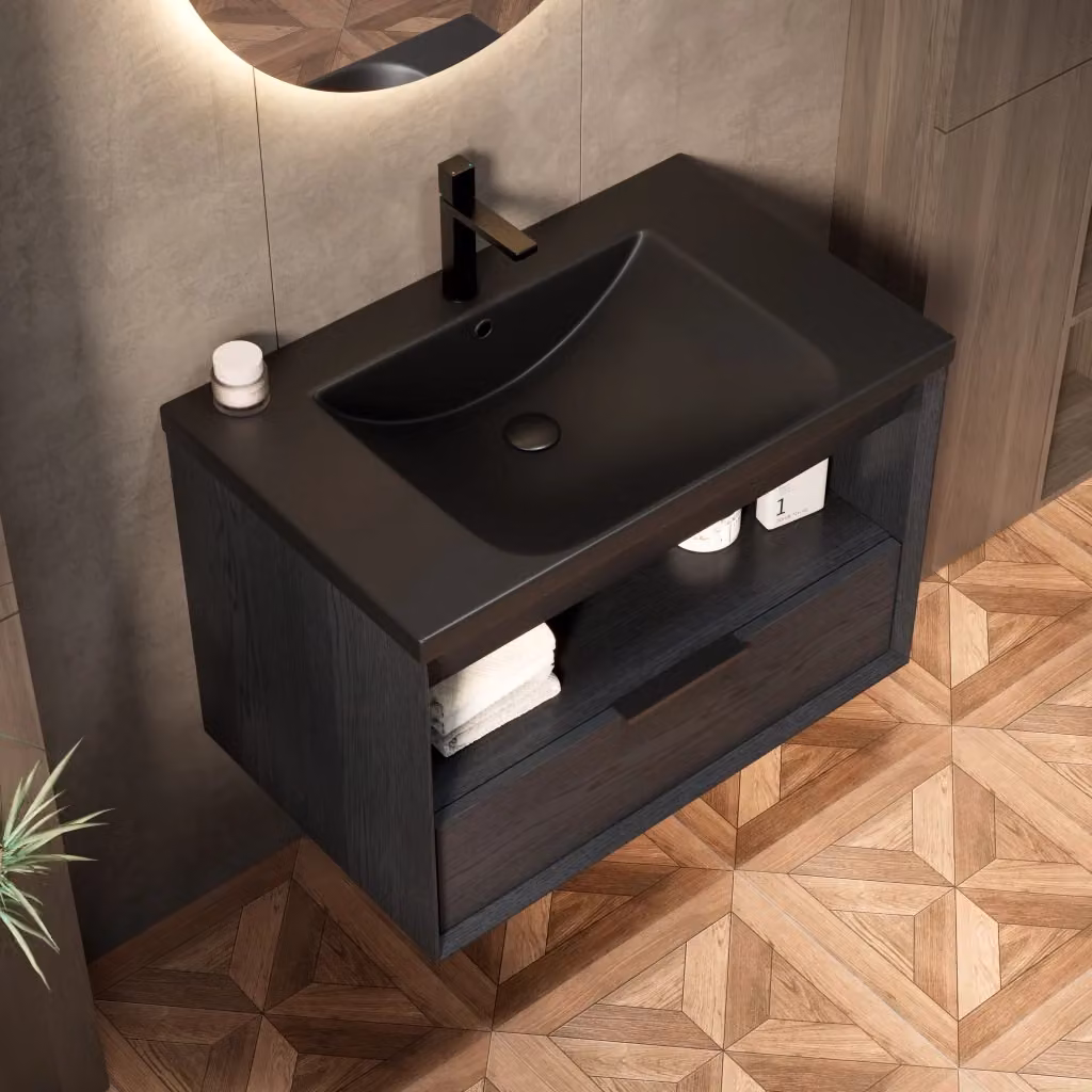 Mobile sottolavabo sospeso per bagno con lavabo integrato in ceramica, cassetto e ripiano, finitura rovere nero opaco, L: 84.0 cm, P: 55.0 cm, H: 41.7 cm – 2