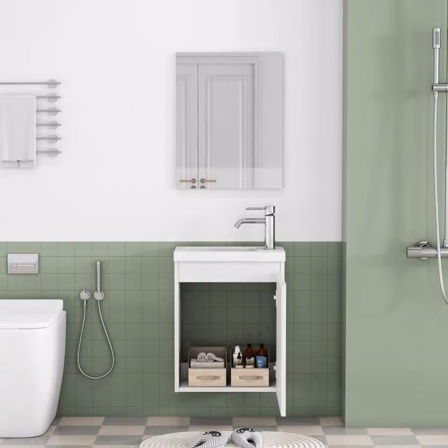 Mobile sottolavabo con anta ammortizzata, lavabo in ceramica e specchio, per bagno, MDF bianco lucido, 45 × 34 × 58 cm