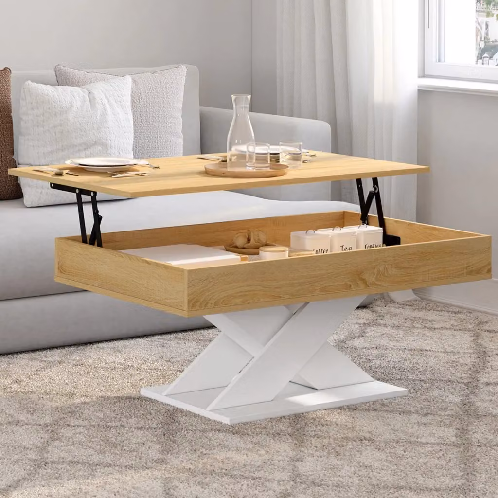 IDMarket Tavolino rettangolare ALICIA con piano rialzabile in legno e base bianca e beige – 2