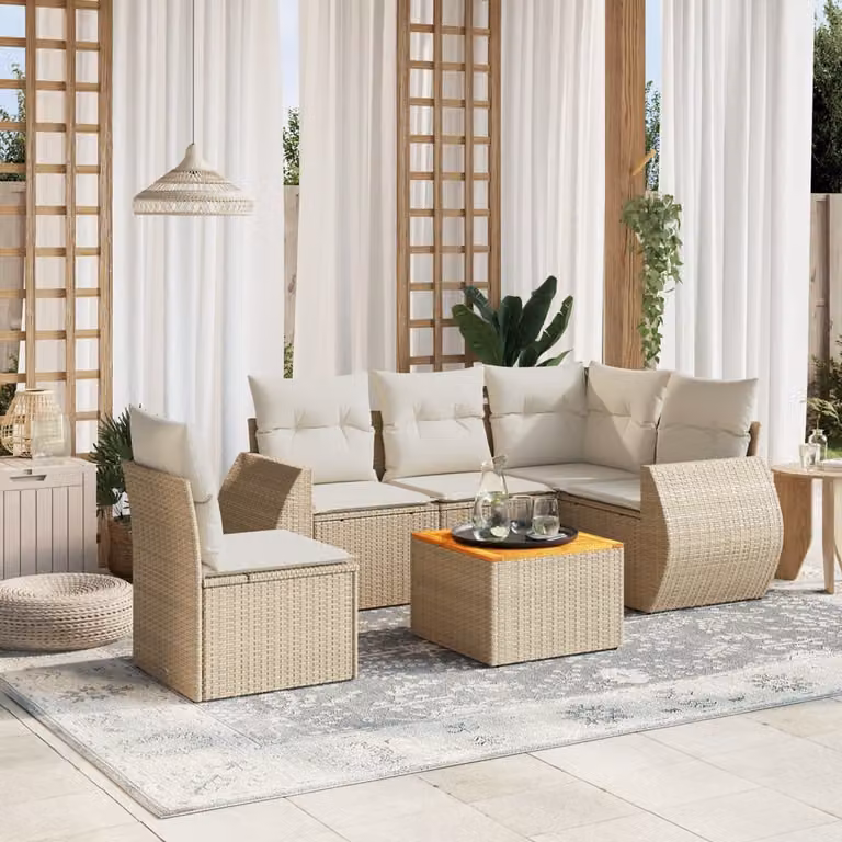 vidaXL Set Divano da Giardino a L in Polyrattan con Cuscini Beige e Tavolino da Esterno 6 pz