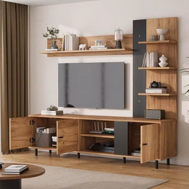 Set di mobili da soggiorno Mivray moderno con mobile TV, 3 armadietti e ripiani aperti, nero effetto legno, L: 187.5 cm, P: 40 cm, H: 167 cm