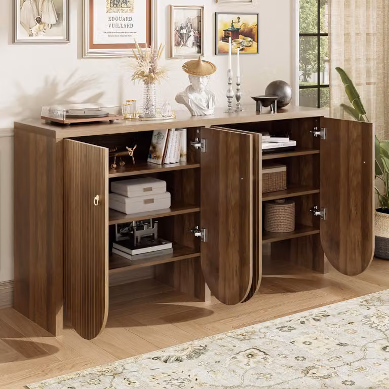 MODFU Mobile contenitore da cucina in noce, con 4 ante, ripiani regolabili e maniglie in alluminio, credenza per soggiorno, sala da pranzo e corridoio