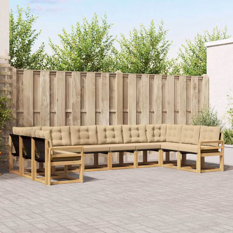 vidaXL Set di divani da esterno componibile a L in legno di acacia con cuscini, Bianco e Beige