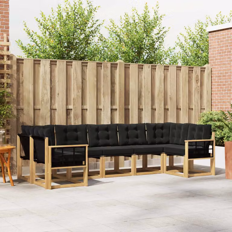 Set di divani da esterno vidaXL a forma di L composto da 7 pezzi in legno di acacia con rivestimento in textilene bianco e nero e cuscini inclusi