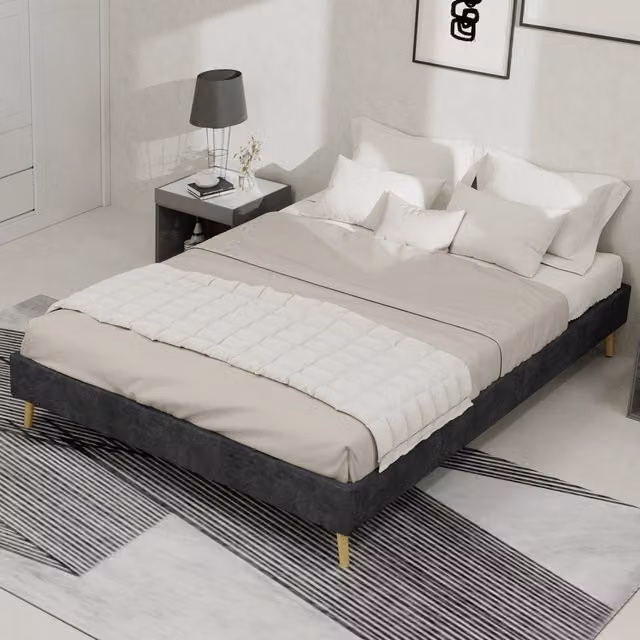 Letto matrimoniale OKWISH in velluto grigio con struttura in metallo e legno, L 140 x P 200 cm