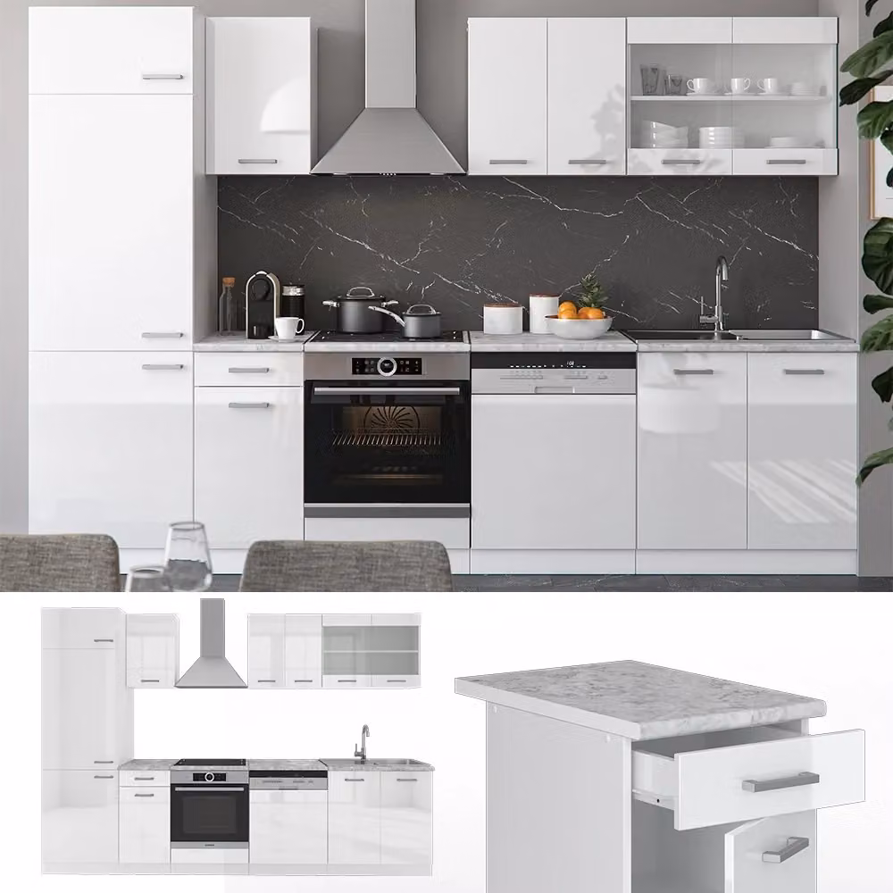 Cucina componibile moderna R-Line Vicco Bianco lucido con piano effetto marmo, L: 300 cm, H: 206,8 cm, P: 60 cm – 2
