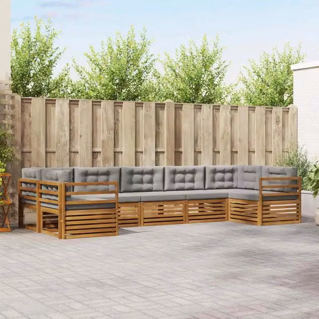 Set di divani da esterno a forma di U vidaXL in legno di acacia con cuscini grigi