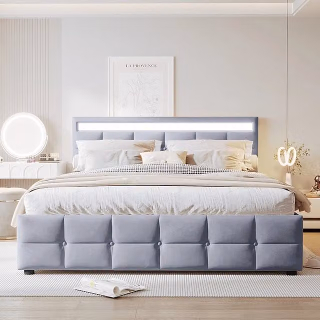 Lit imbottito 180x200cm con luci LED - Xylo - Velluto Grigio