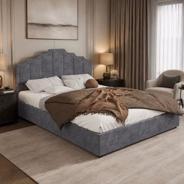 Letto Mivray con testiera geometrica in velluto grigio e rete a doghe inclusa L/P/H: 140 x 200 cm – 1