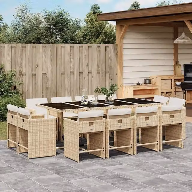 Set da Pranzo da Giardino 13 pz con Cuscini Beige in Polyrattan 3211222