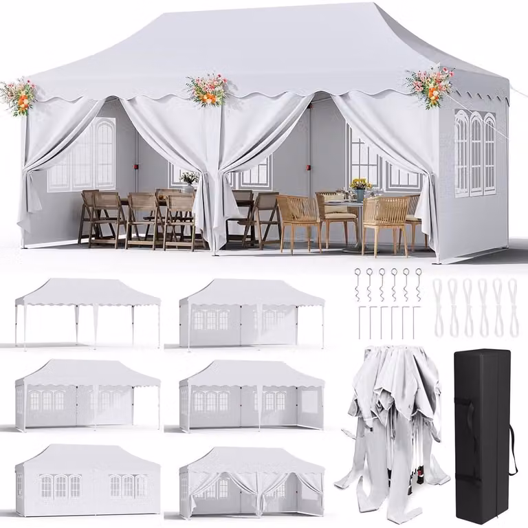 Gazebo da esterno 3x6 metri, impermeabile, stabile, con 6 pareti laterali, colore bianco
