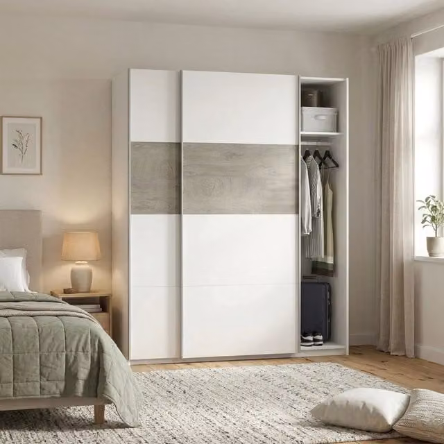 Armadio per camera da letto DMORA Ainu con 2 ante scorrevoli, barra appendiabiti e ripiani interni, Bianco e Rovere, L: 180 cm, P: 60 cm, H: 200 cm