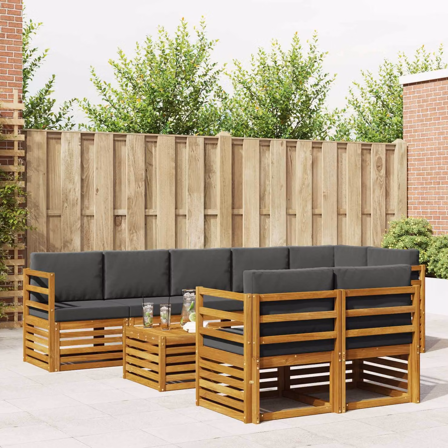 Set di divani da esterno vidaXL a forma di L composto da 9 pezzi in legno di acacia con cuscini in poliestere antracite e marrone