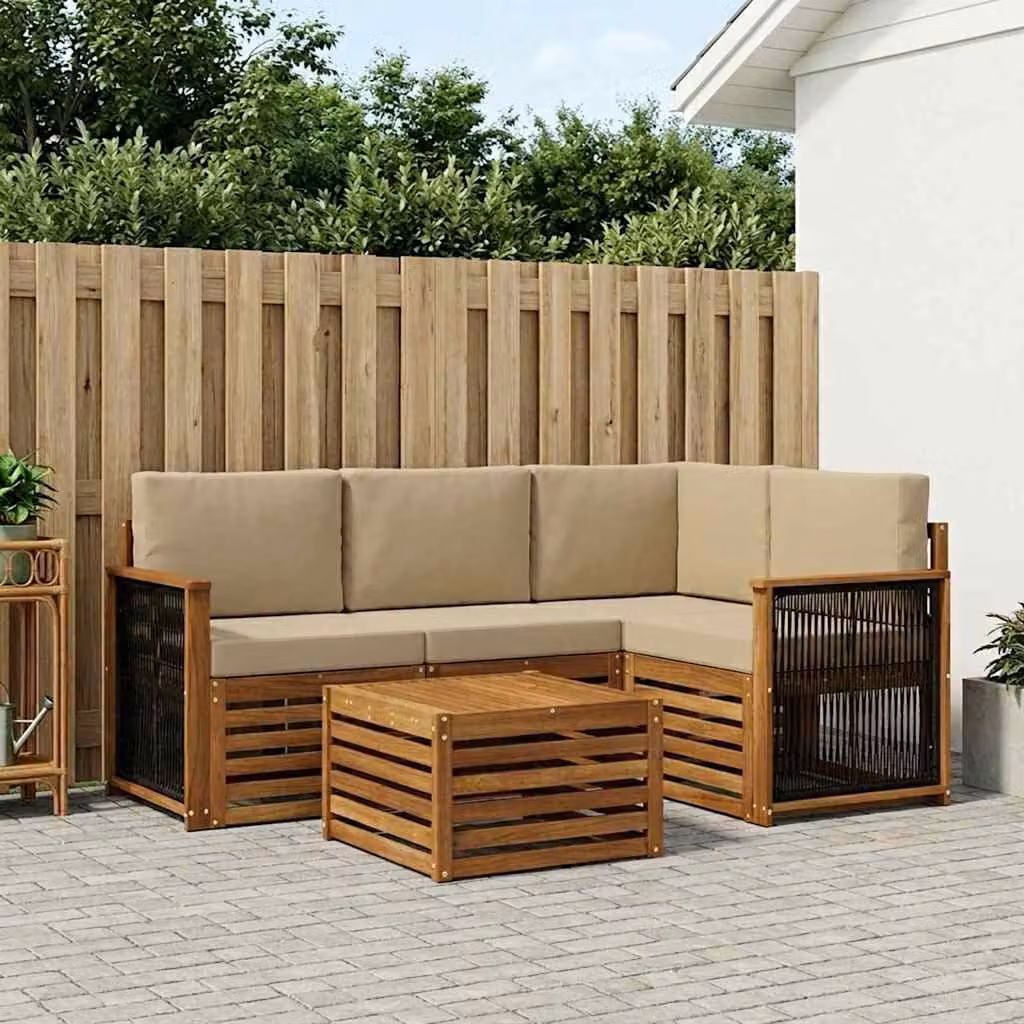 Set di divani da esterno vidaXL a forma di L con tavolino da caffè, composto da 5 pezzi in legno di acacia e tessuto beige e marrone