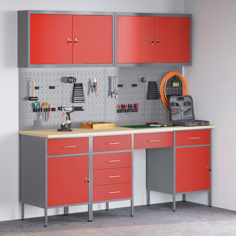 Carrello da lavoro mobile vidaXL con 10 pezzi in legno ingegnerizzato e acciaio, colore rosso, con serratura